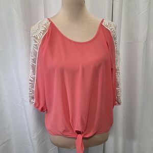Umgee Coral Blouse with Lace Sleeves
